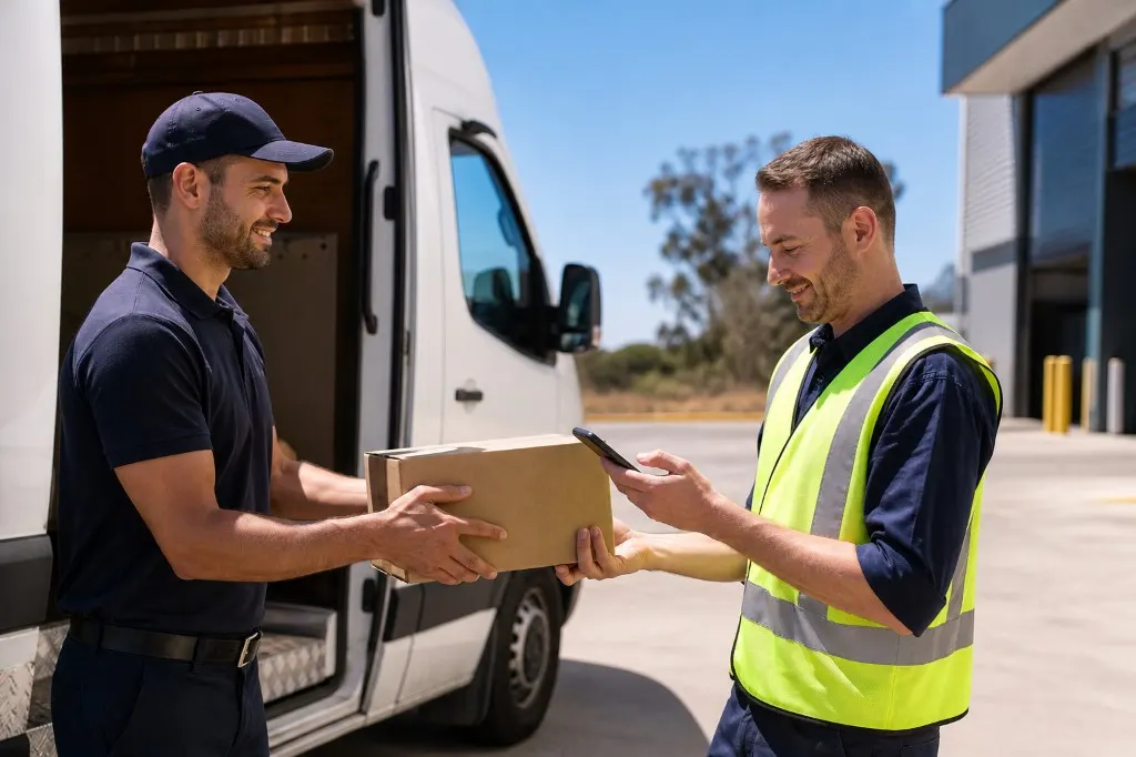 Delivery driver handing a box to a site worker who confirms the handover on a phone.