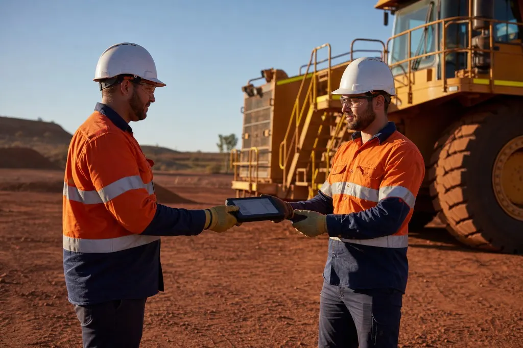 Two workers at a mining site review a rugged tablet beside a haul truck during equipment handover.