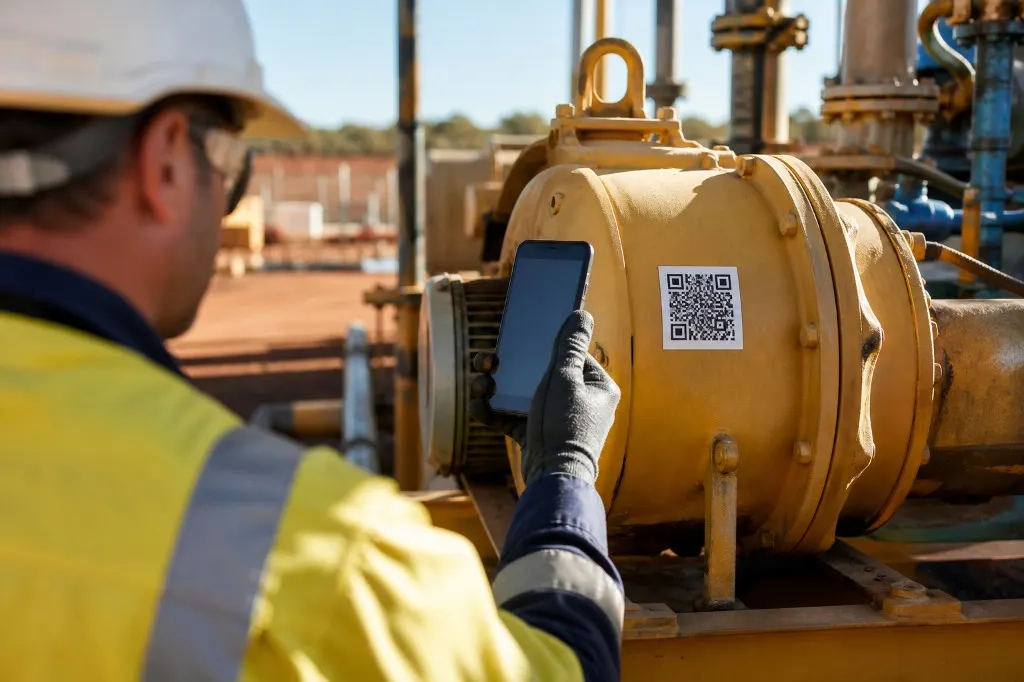 Technician scanning a QR code on yellow industrial machinery during a maintenance inspection.
